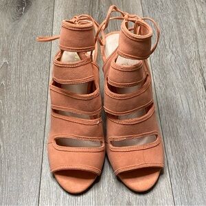 Lien Do By Anthropologie Stiletto Bootie Peep Toe Lace Up Heels Coral Size 7.5